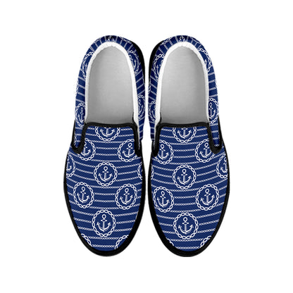 Nautical Anchor Pattern Print Black Slip On Shoes