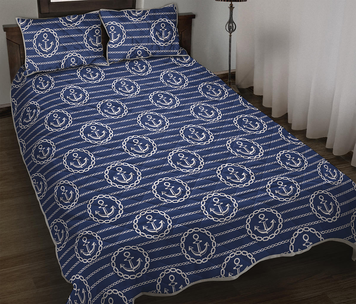 Nautical Anchor Pattern Print Quilt Bed Set