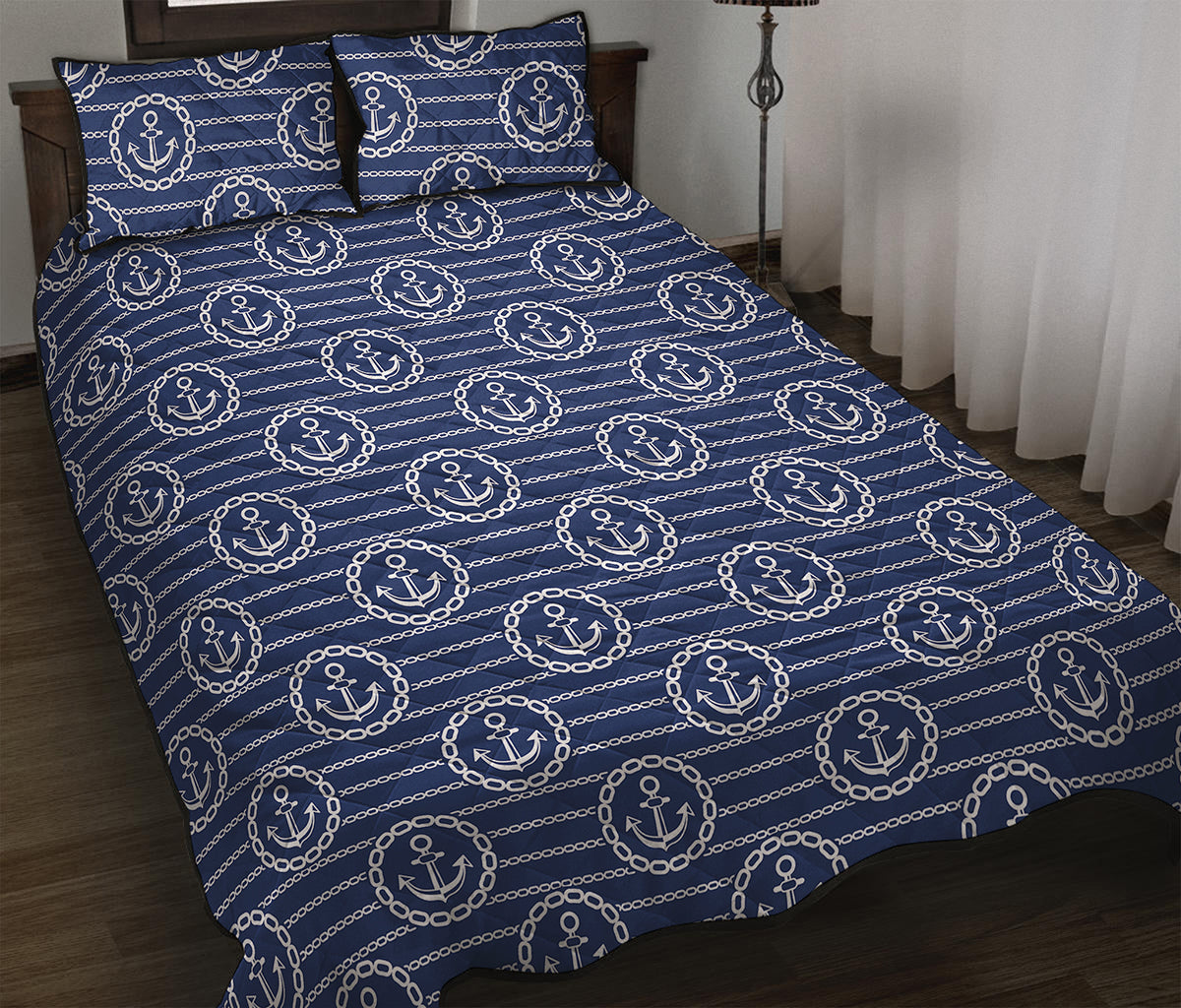 Nautical Anchor Pattern Print Quilt Bed Set