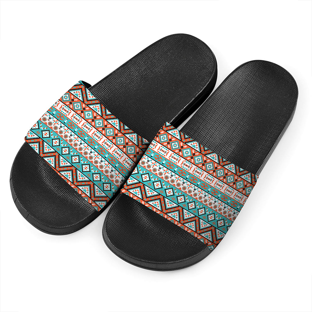 Navajo Geometric Pattern Print Black Slide Sandals