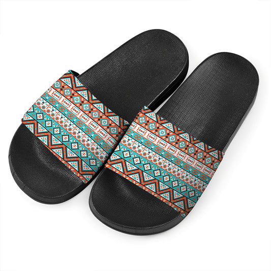 Navajo Geometric Pattern Print Black Slide Sandals