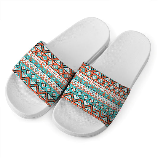 Navajo Geometric Pattern Print White Slide Sandals