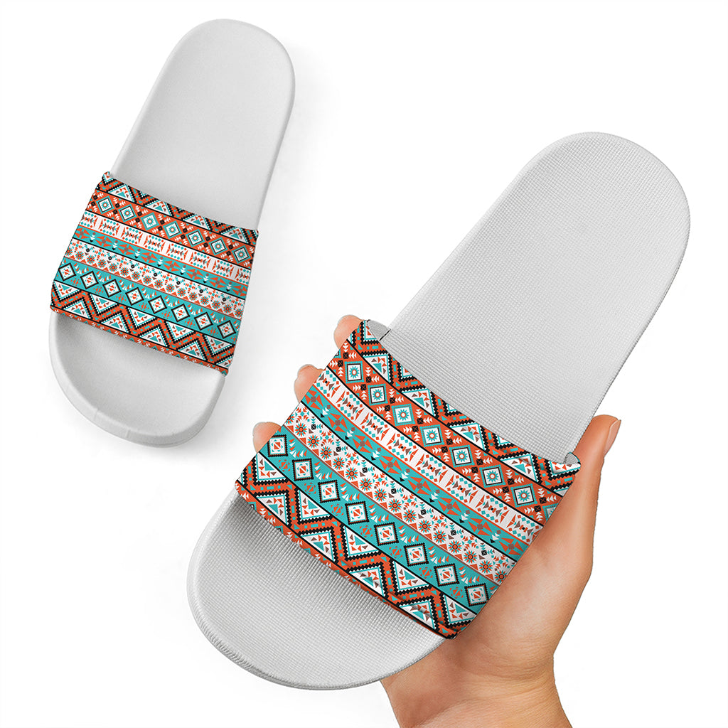 Navajo Geometric Pattern Print White Slide Sandals