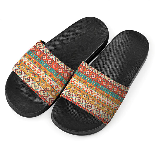 Navajo Native Pattern Print Black Slide Sandals