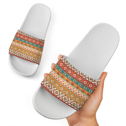 Navajo Native Pattern Print White Slide Sandals