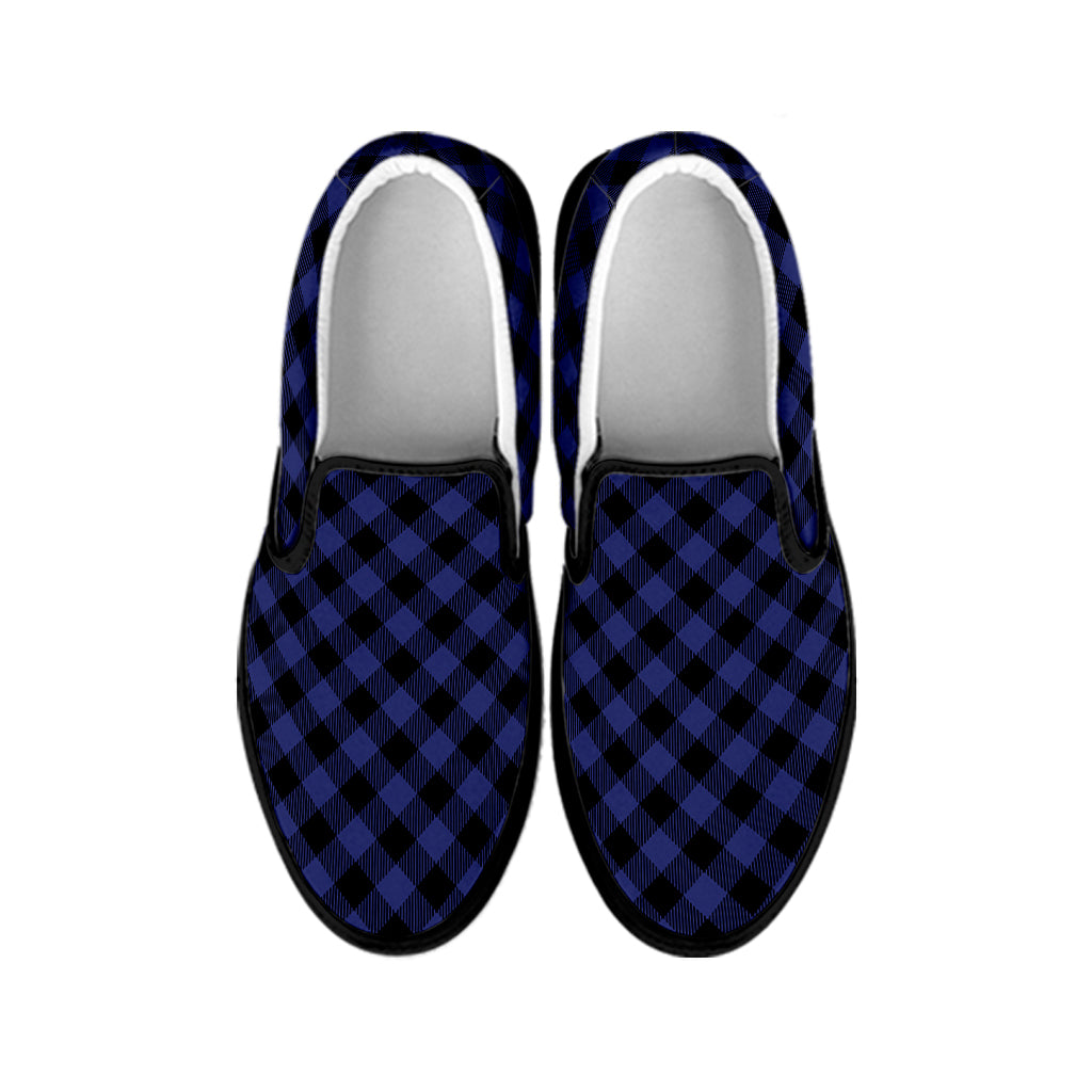 Navy And Black Buffalo Plaid Print Black Slip On Shoes