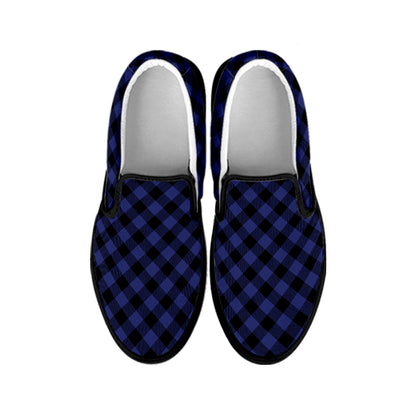 Navy And Black Buffalo Plaid Print Black Slip On Shoes