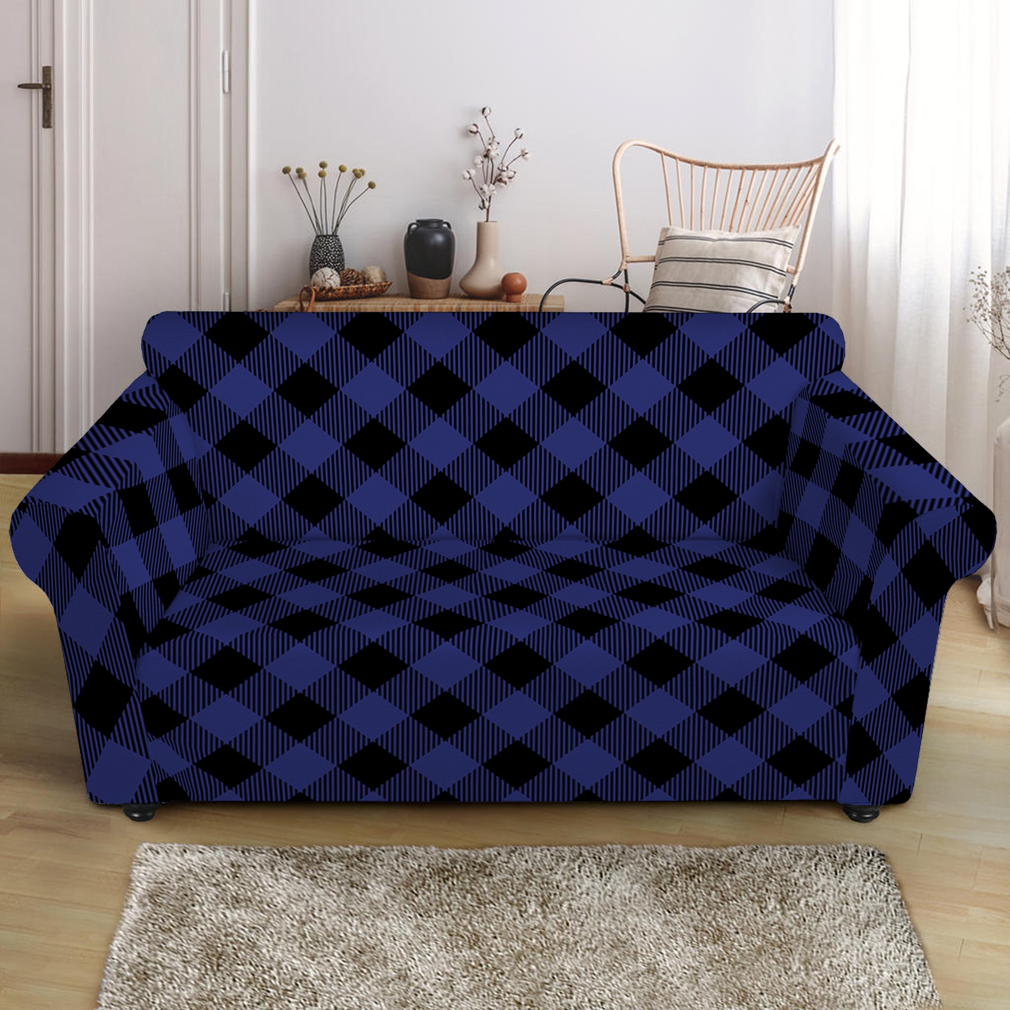 Navy And Black Buffalo Plaid Print Loveseat Slipcover