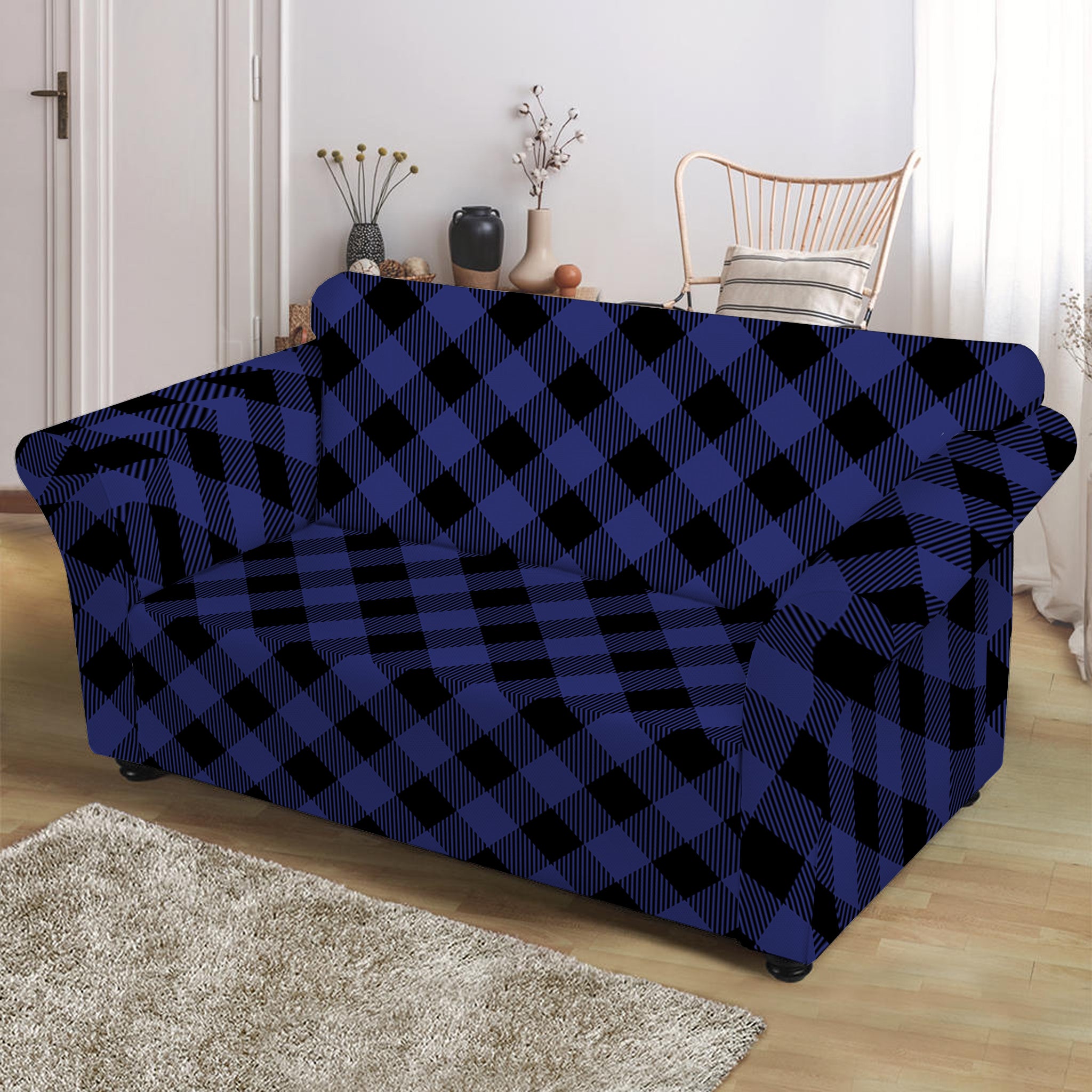 Navy And Black Buffalo Plaid Print Loveseat Slipcover