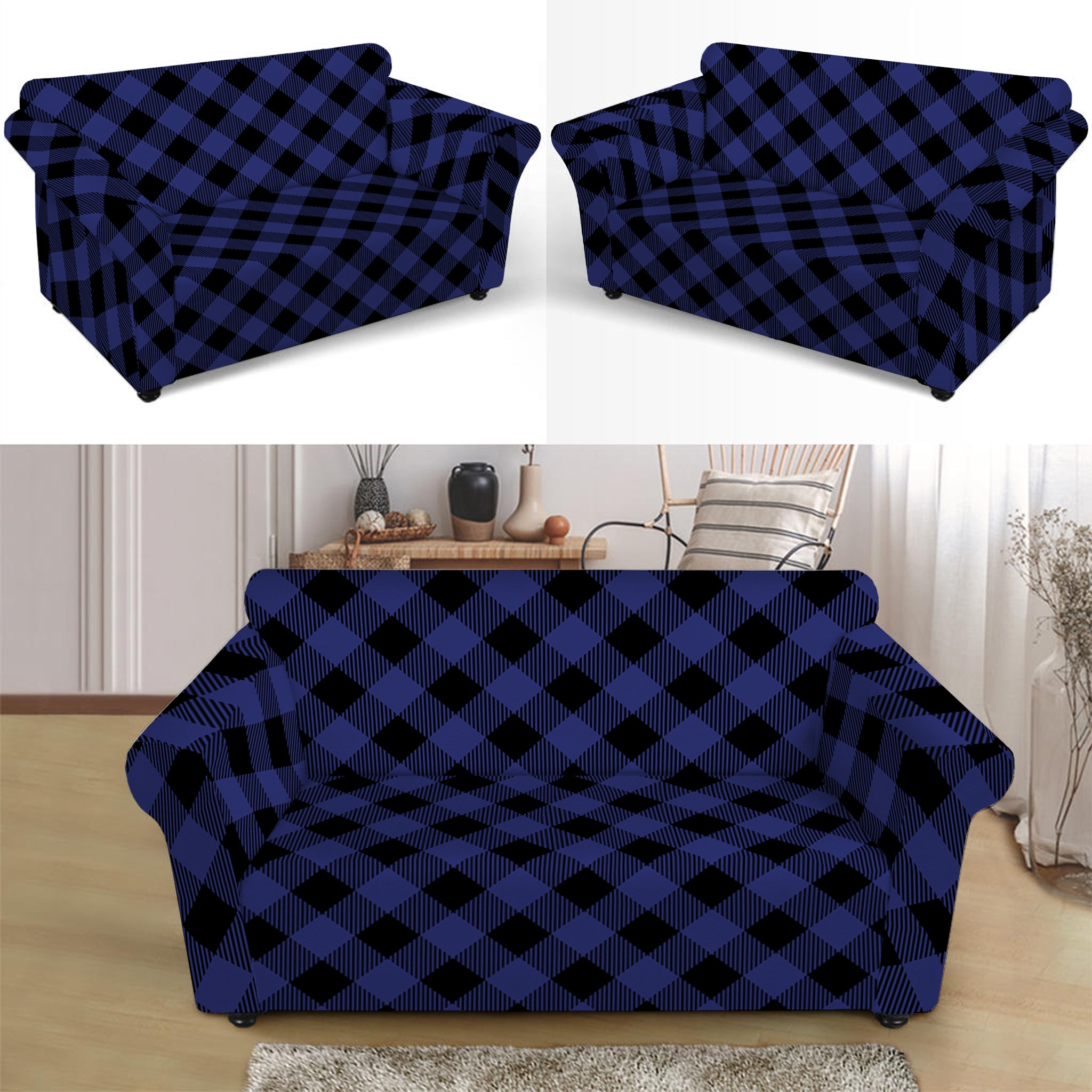 Navy And Black Buffalo Plaid Print Loveseat Slipcover