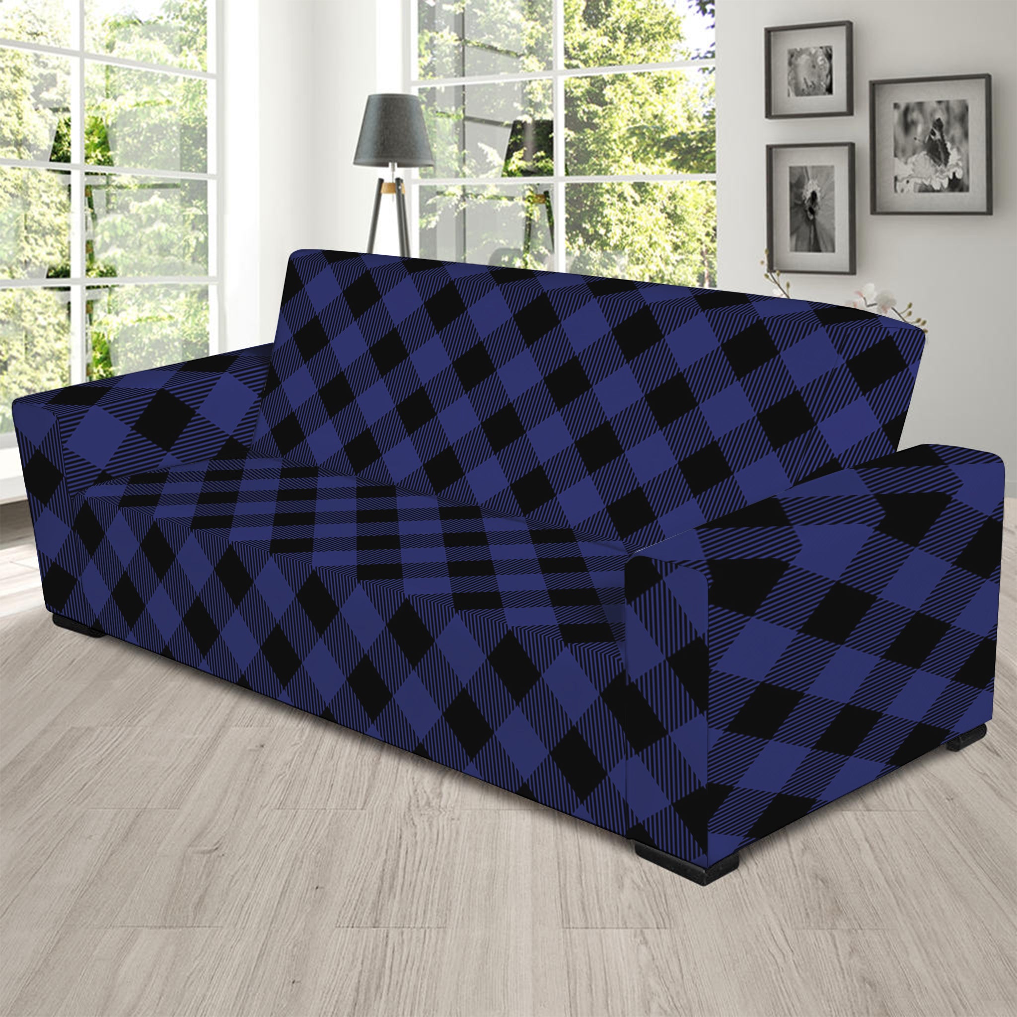 Navy And Black Buffalo Plaid Print Sofa Slipcover