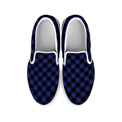 Navy And Black Buffalo Plaid Print White Slip On Shoes