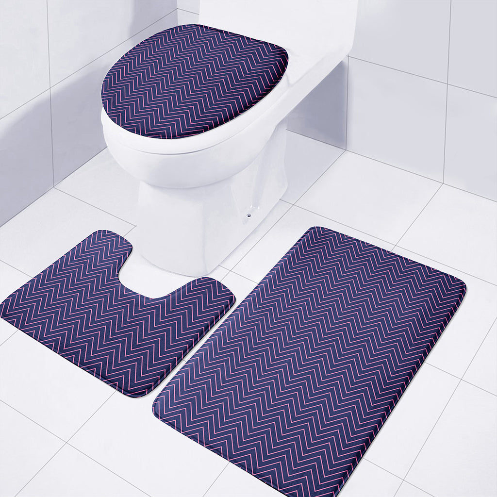 Navy And Pink Zigzag Pattern Print 3 Piece Bath Mat Set