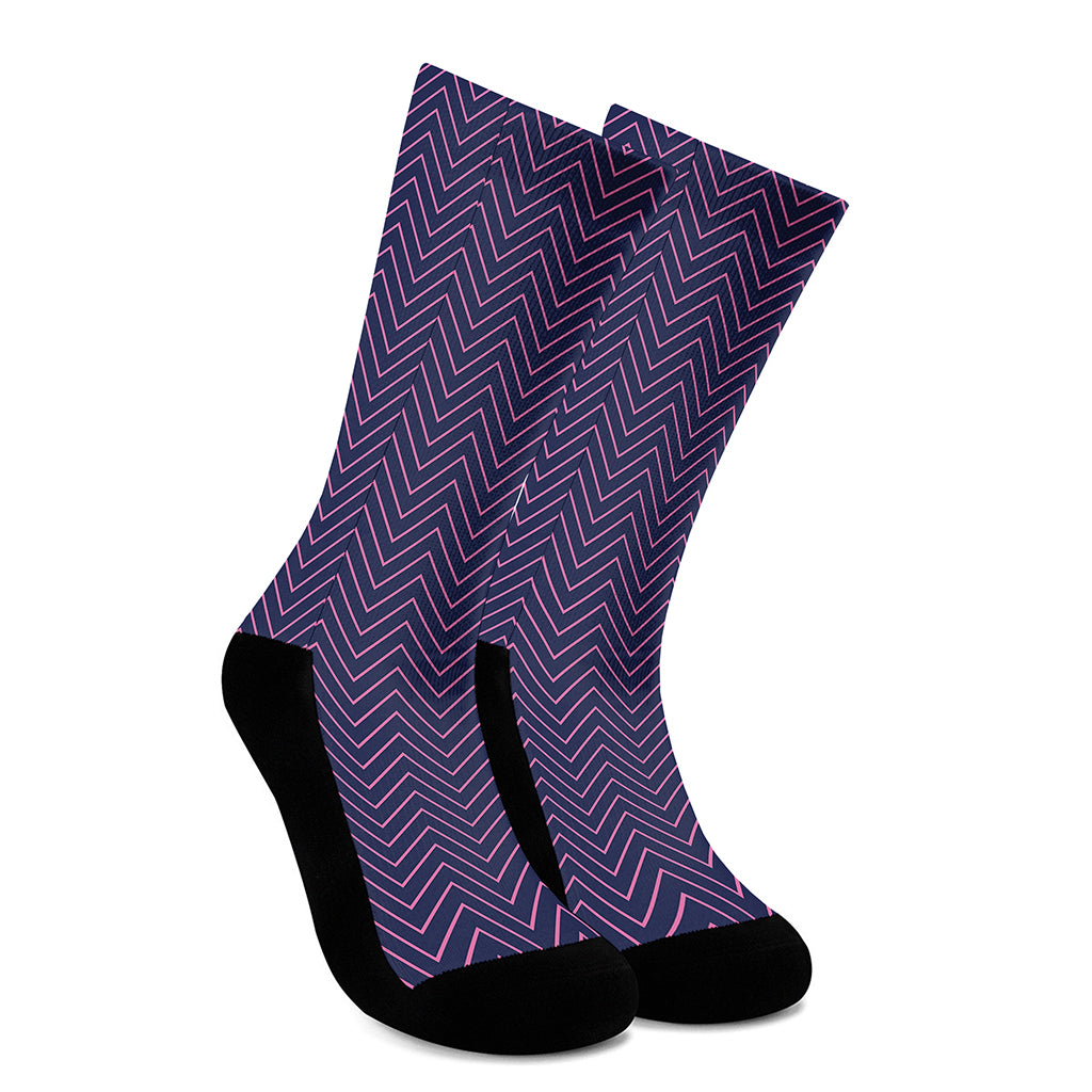 Navy And Pink Zigzag Pattern Print Crew Socks