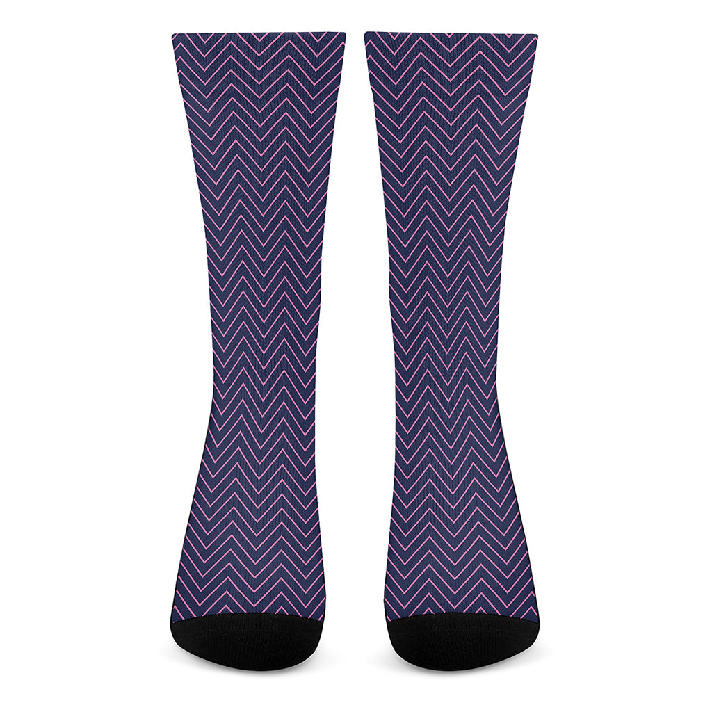 Navy And Pink Zigzag Pattern Print Crew Socks