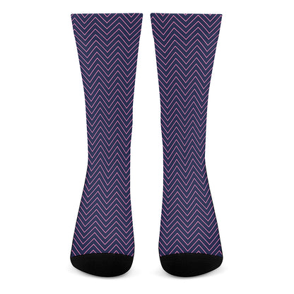 Navy And Pink Zigzag Pattern Print Crew Socks