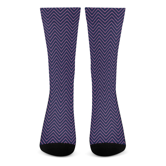 Navy And Pink Zigzag Pattern Print Crew Socks