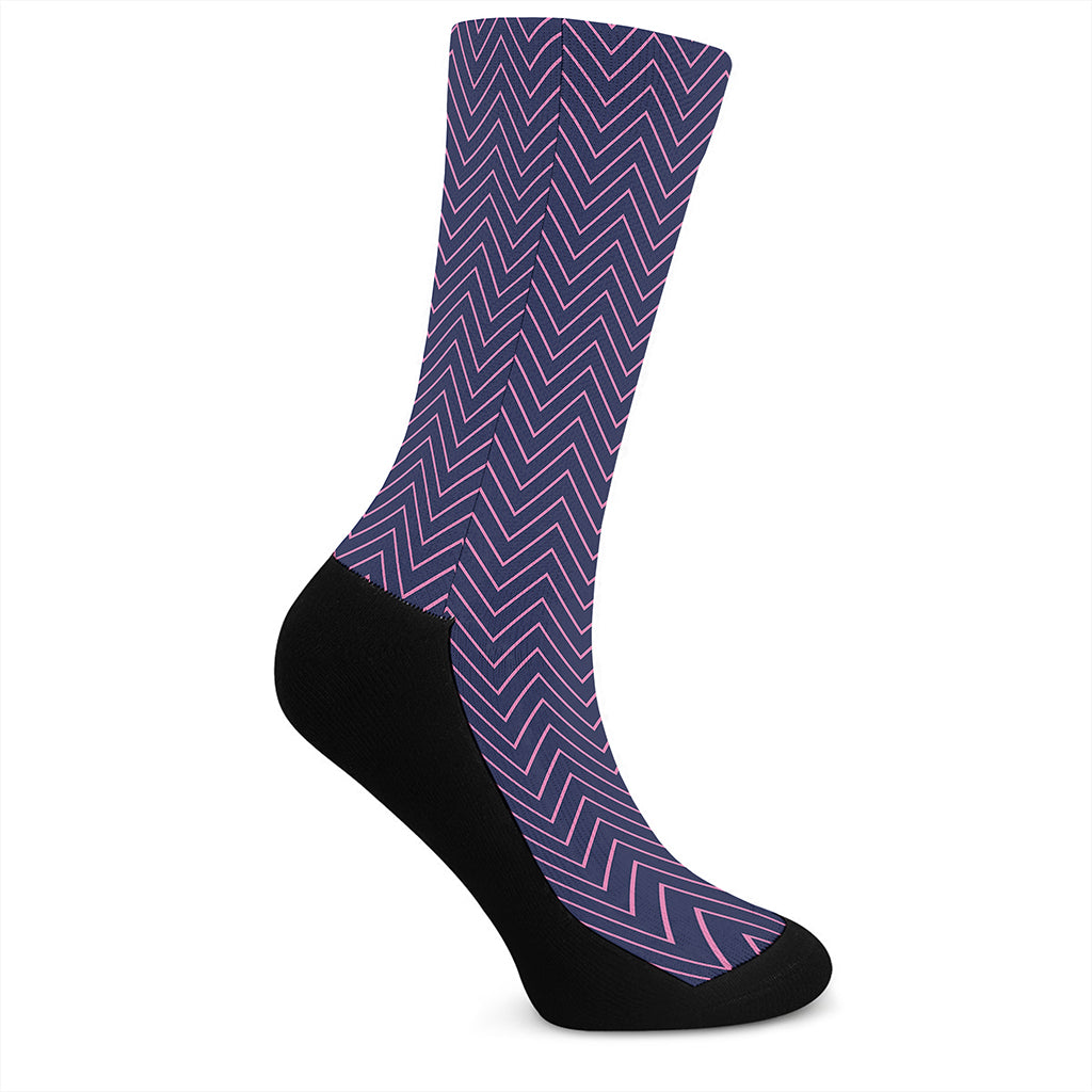 Navy And Pink Zigzag Pattern Print Crew Socks