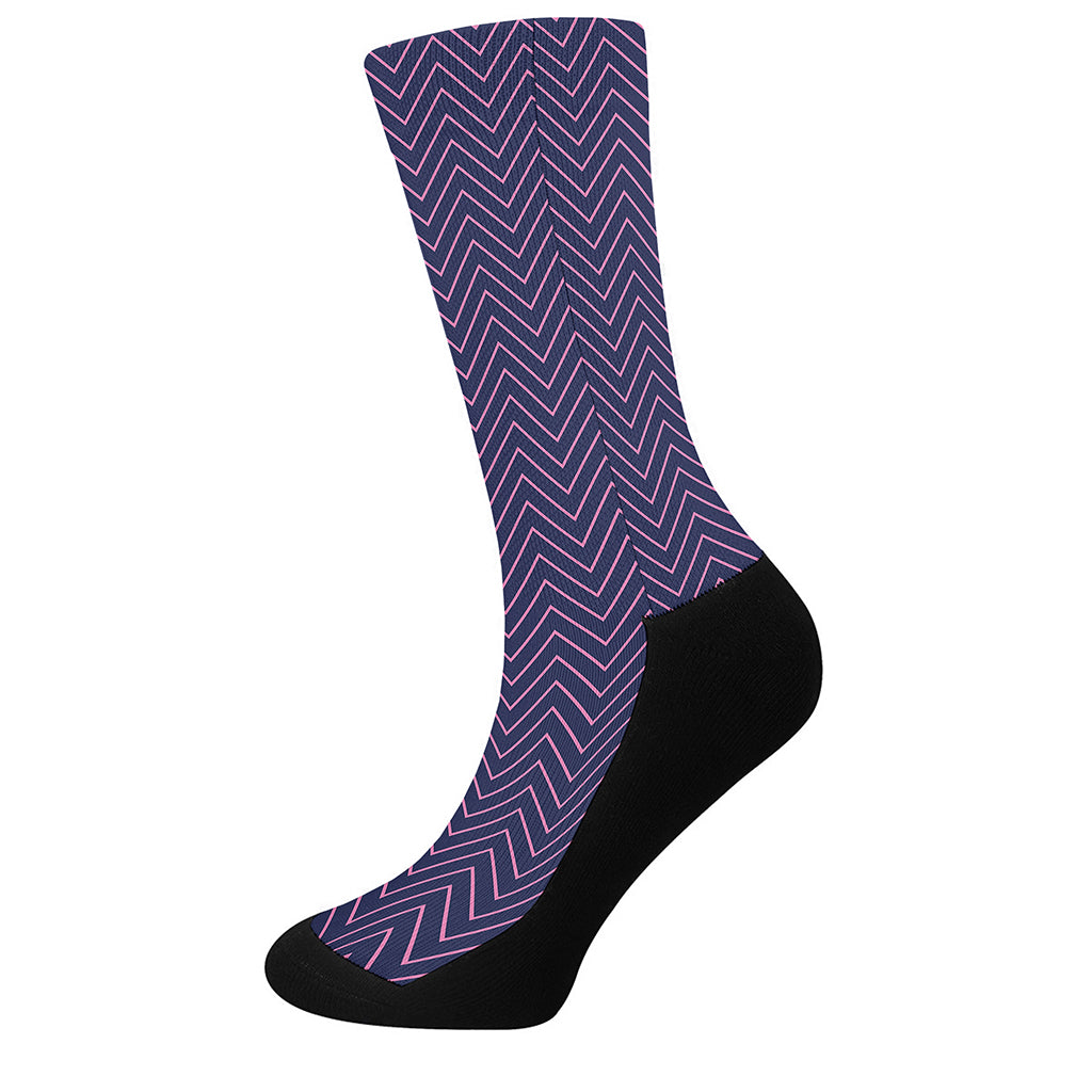 Navy And Pink Zigzag Pattern Print Crew Socks