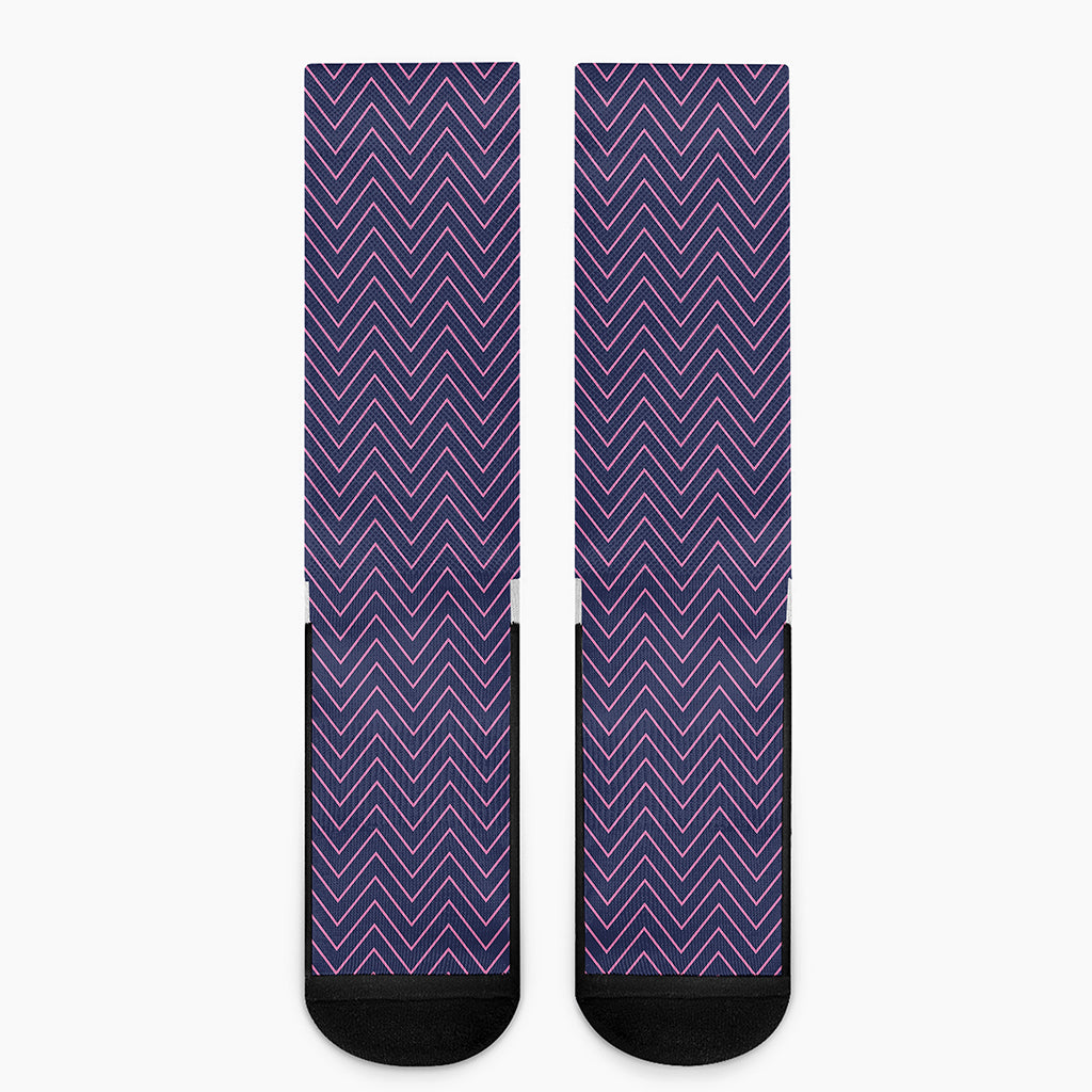 Navy And Pink Zigzag Pattern Print Crew Socks