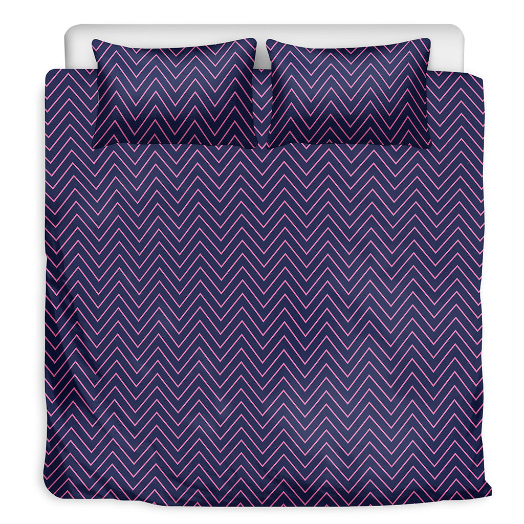 Navy And Pink Zigzag Pattern Print Duvet Cover Bedding Set