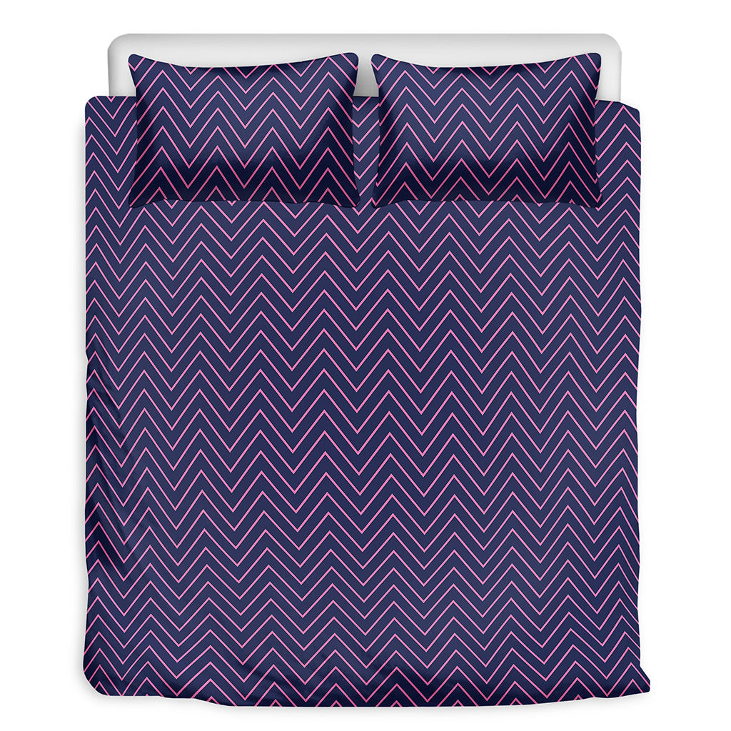 Navy And Pink Zigzag Pattern Print Duvet Cover Bedding Set