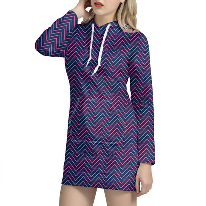 Navy And Pink Zigzag Pattern Print Hoodie Dress