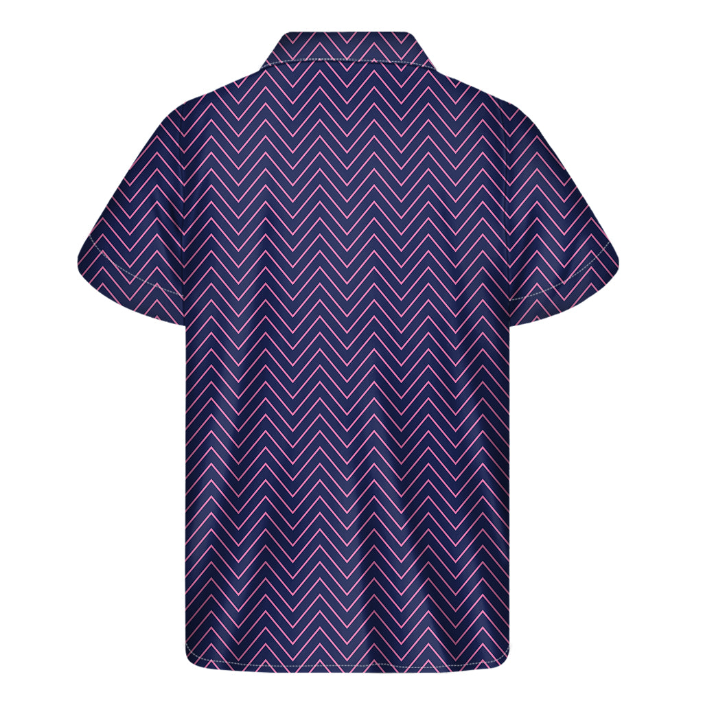 Navy And Pink Zigzag Pattern Print Men's Short Sleeve Shirt
