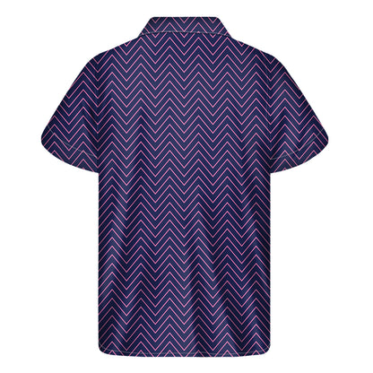 Navy And Pink Zigzag Pattern Print Men's Short Sleeve Shirt