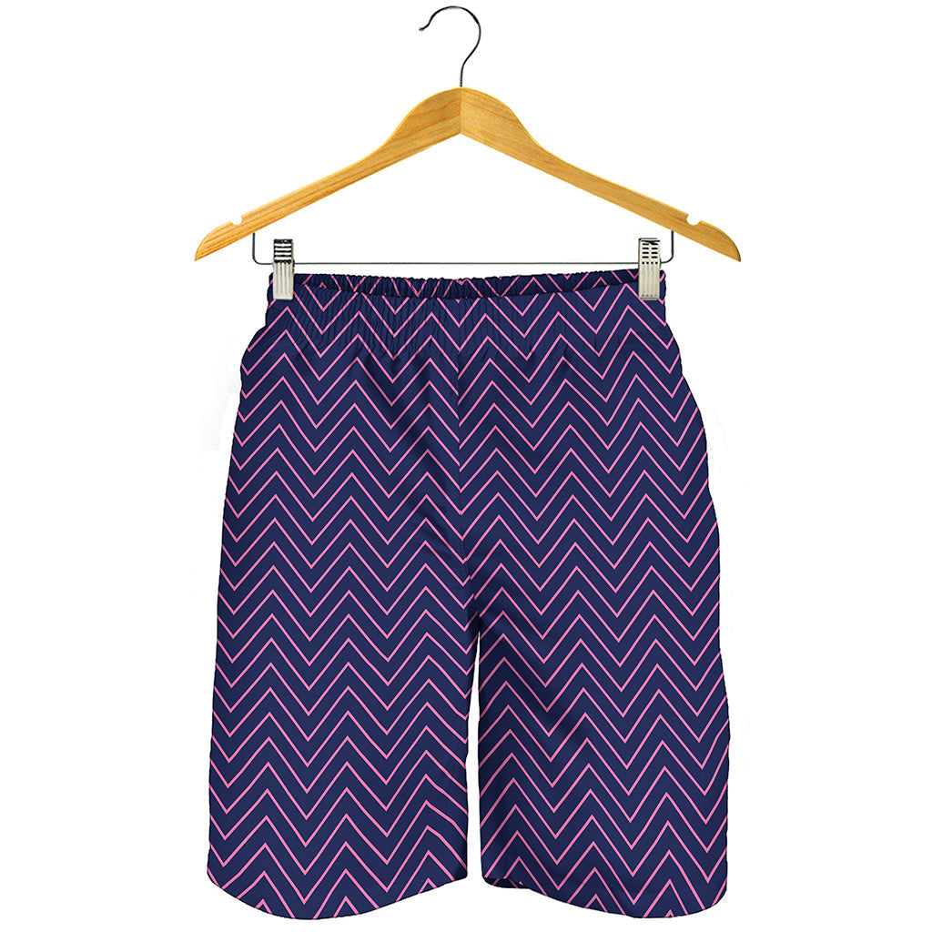 Navy And Pink Zigzag Pattern Print Men's Shorts