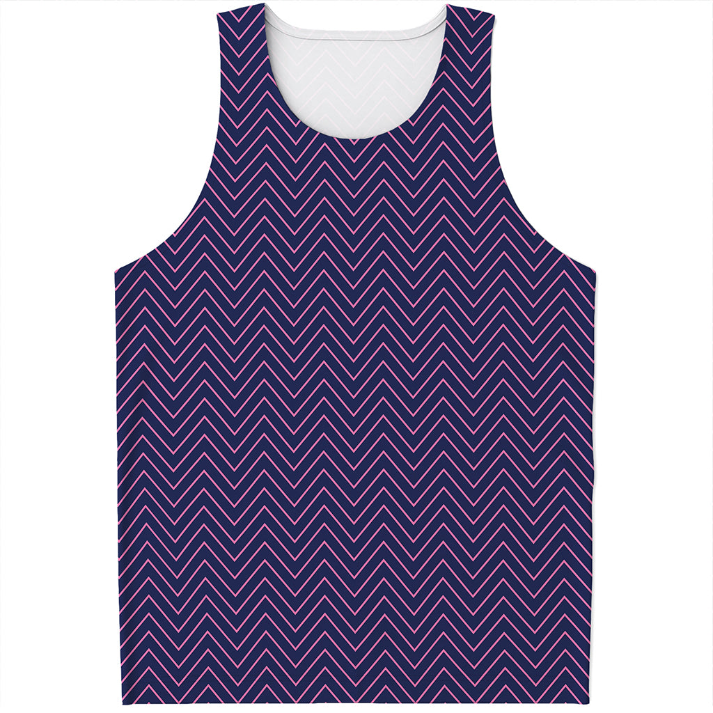 Navy And Pink Zigzag Pattern Print Men's Tank Top