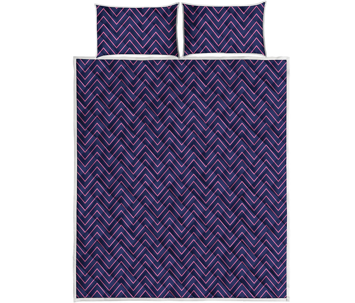 Navy And Pink Zigzag Pattern Print Quilt Bed Set