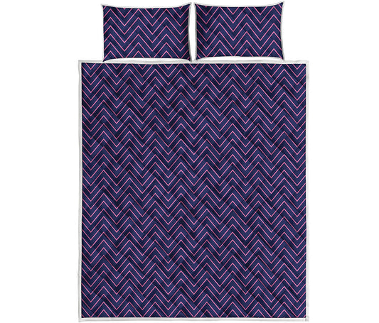 Navy And Pink Zigzag Pattern Print Quilt Bed Set