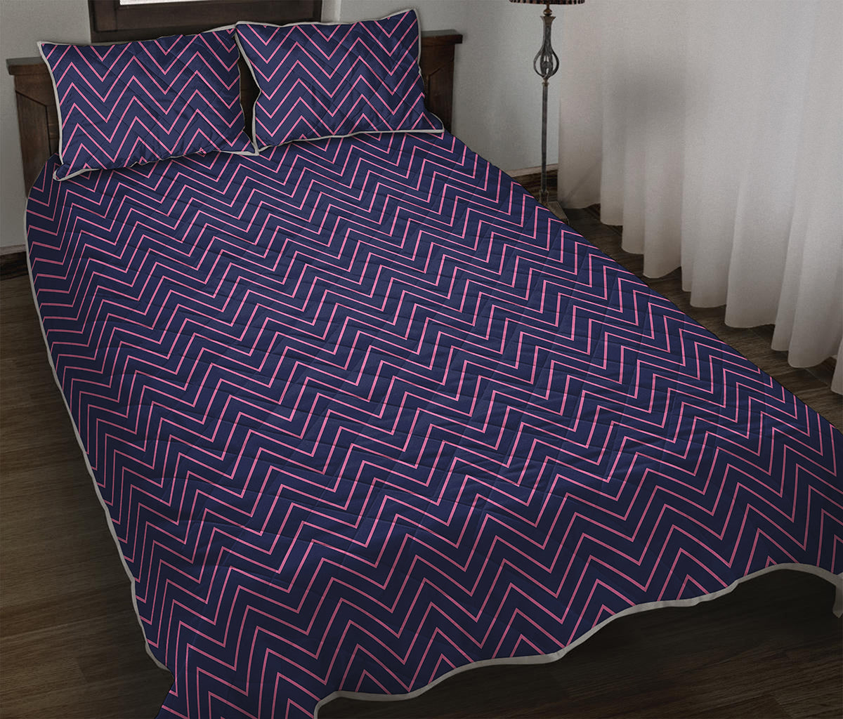 Navy And Pink Zigzag Pattern Print Quilt Bed Set