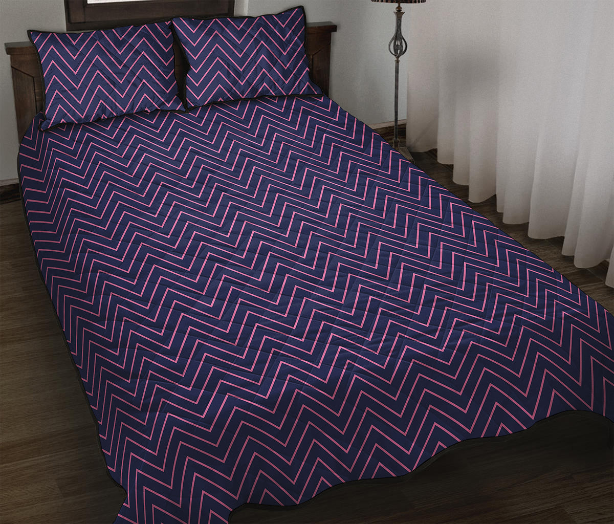 Navy And Pink Zigzag Pattern Print Quilt Bed Set