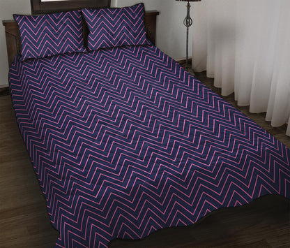 Navy And Pink Zigzag Pattern Print Quilt Bed Set
