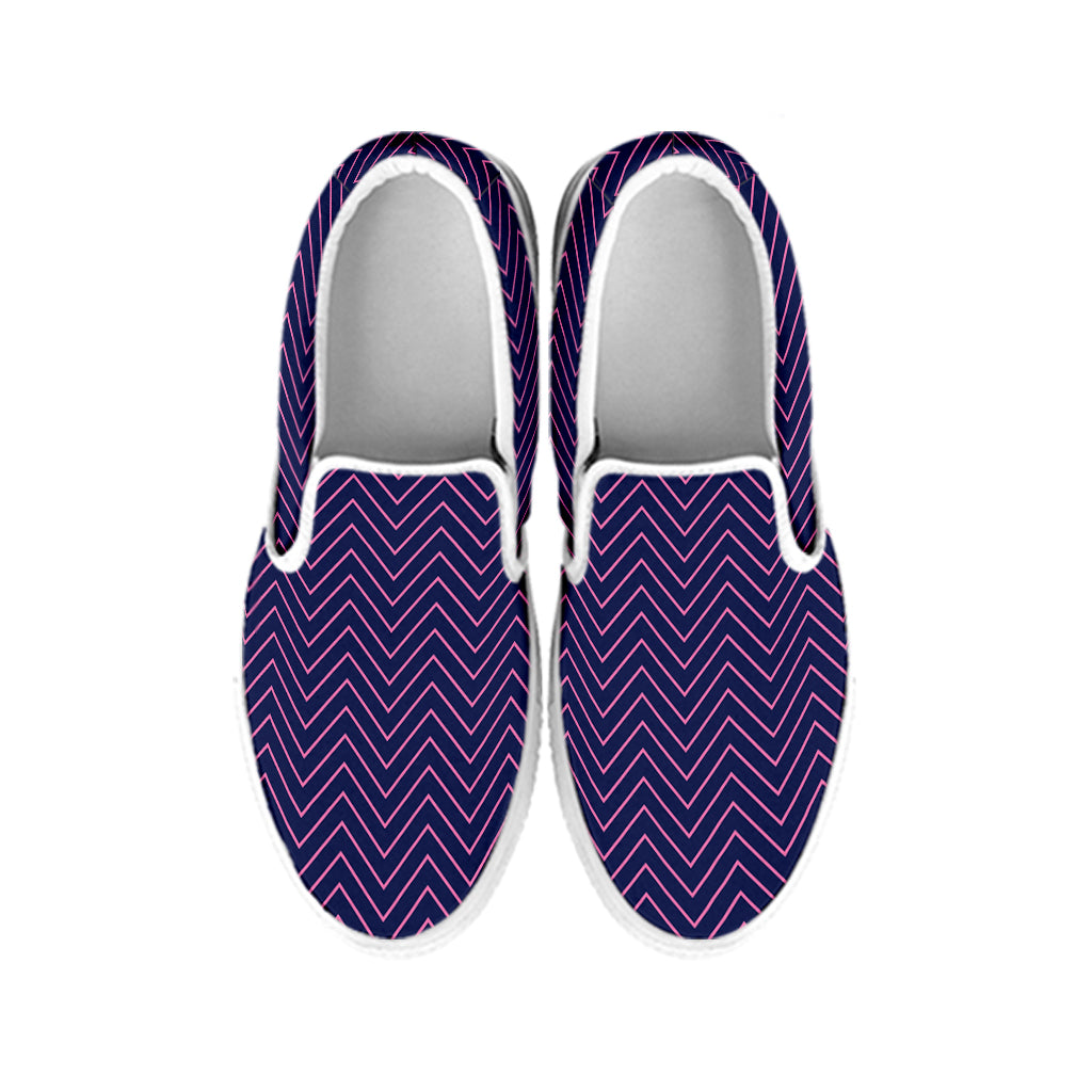 Navy And Pink Zigzag Pattern Print White Slip On Shoes