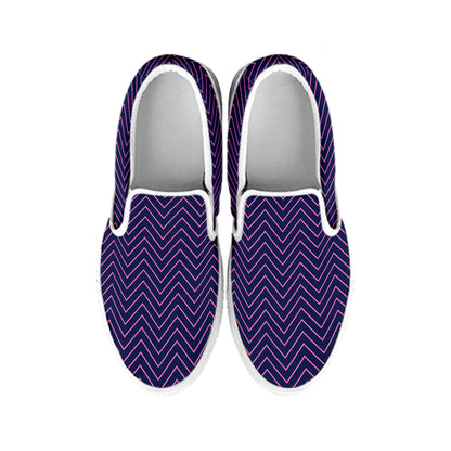 Navy And Pink Zigzag Pattern Print White Slip On Shoes
