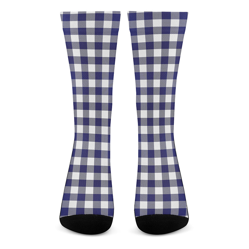 Navy And White Buffalo Check Print Crew Socks