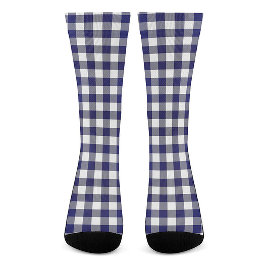 Navy And White Buffalo Check Print Crew Socks