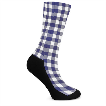 Navy And White Buffalo Check Print Crew Socks