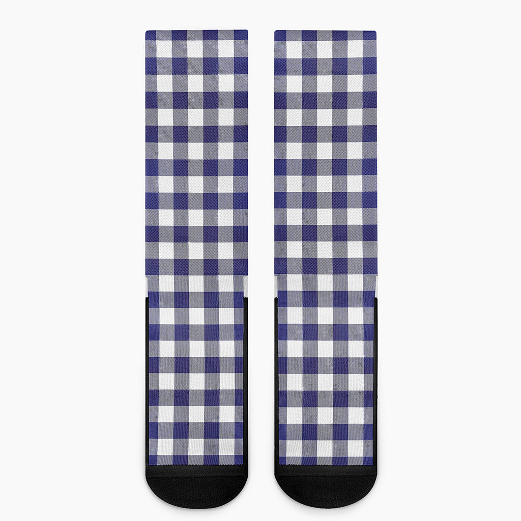 Navy And White Buffalo Check Print Crew Socks
