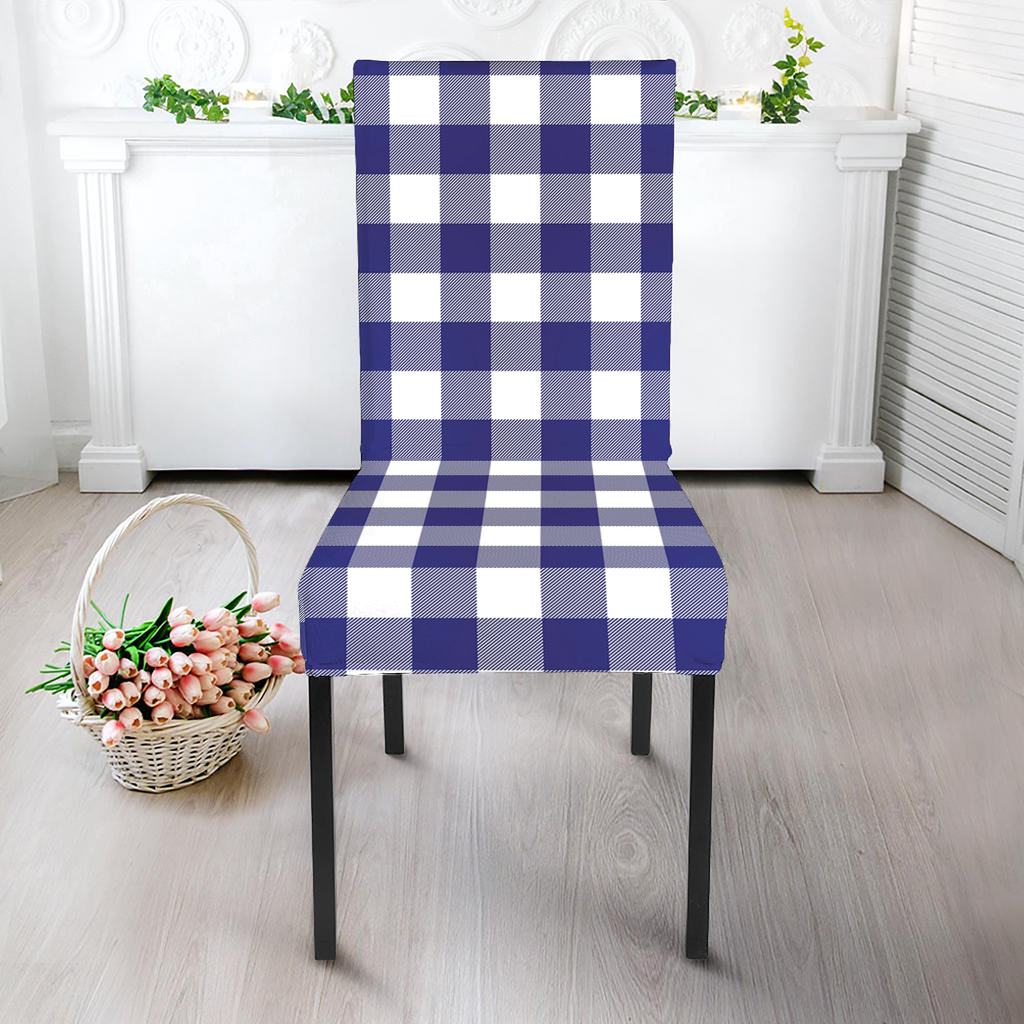 Navy And White Buffalo Check Print Dining Chair Slipcover