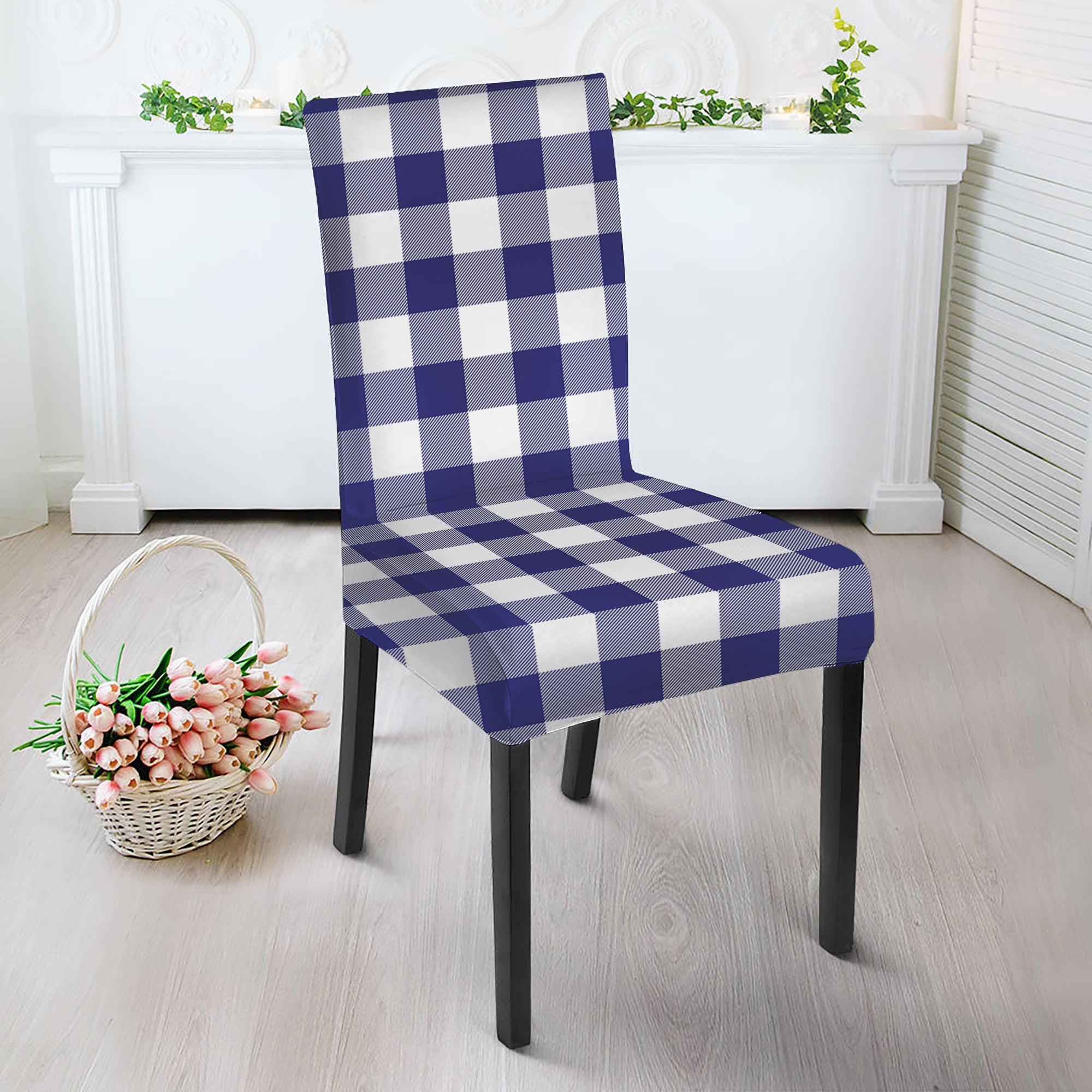 Navy And White Buffalo Check Print Dining Chair Slipcover