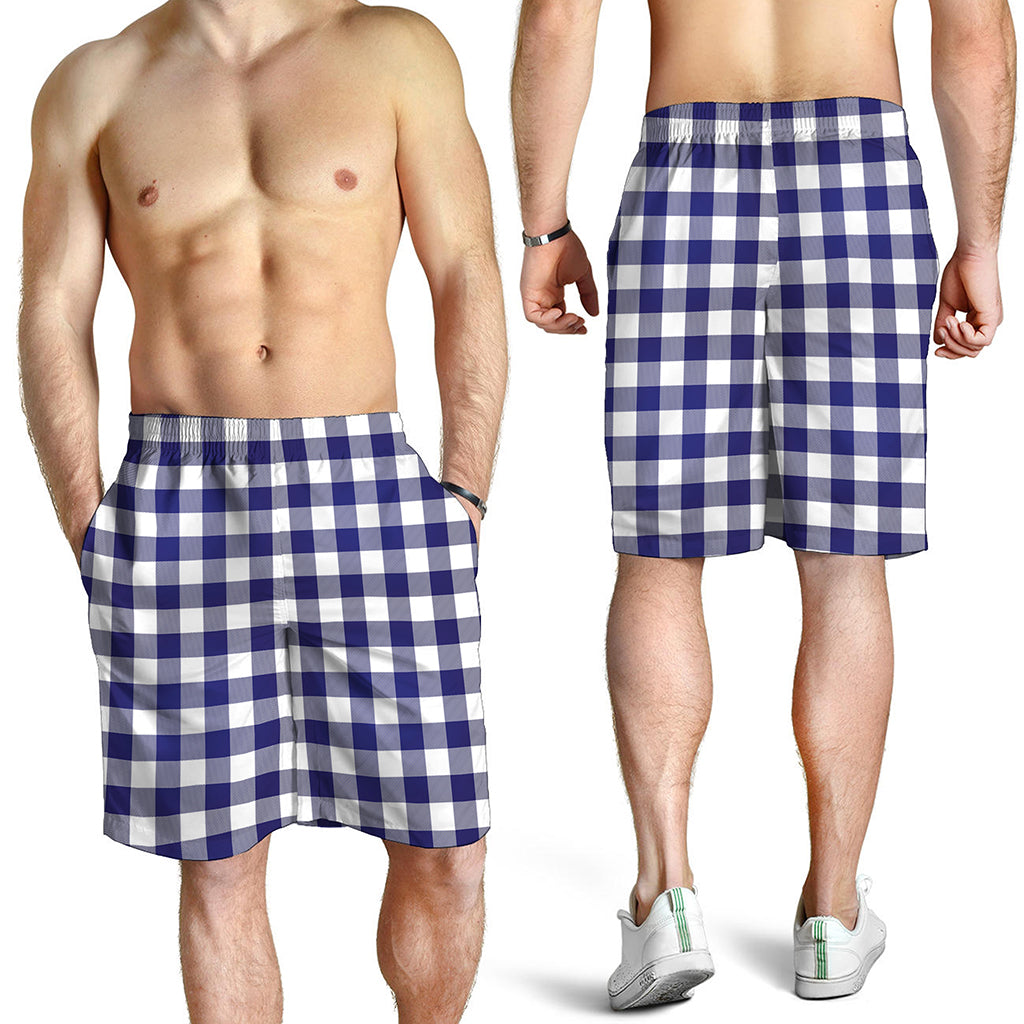Navy And White Buffalo Check Print Men's Shorts