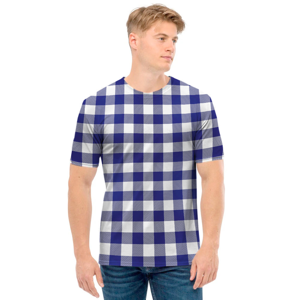 Navy And White Buffalo Check Print Men's T-Shirt