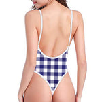 Navy And White Buffalo Check Print One Piece High Cut Swimsuit