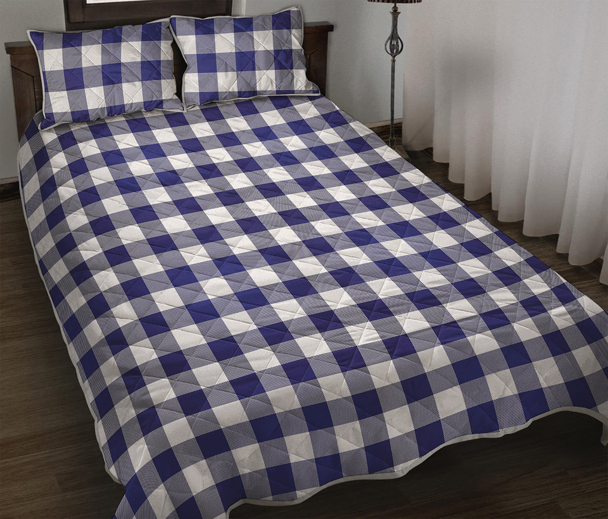 Navy And White Buffalo Check Print Quilt Bed Set