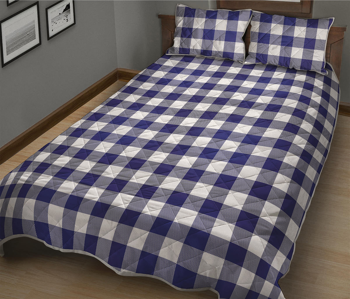 Navy And White Buffalo Check Print Quilt Bed Set