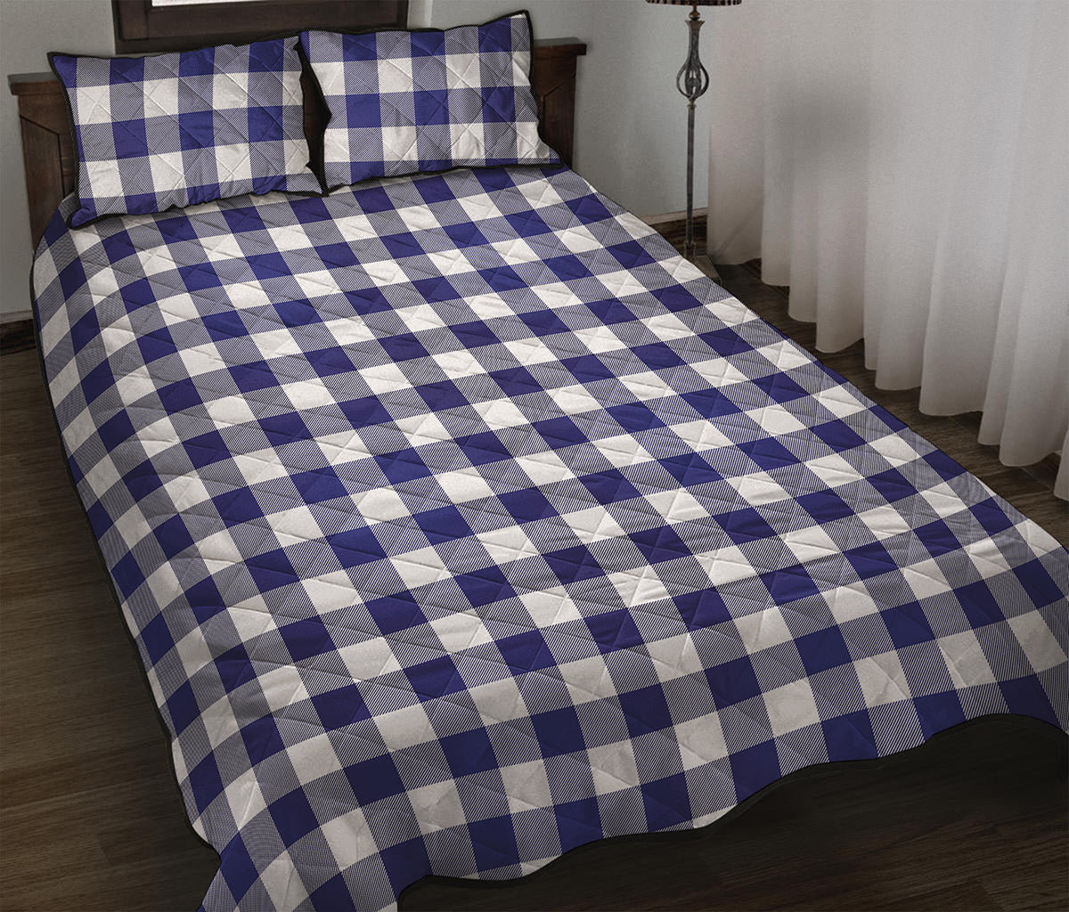 Navy And White Buffalo Check Print Quilt Bed Set
